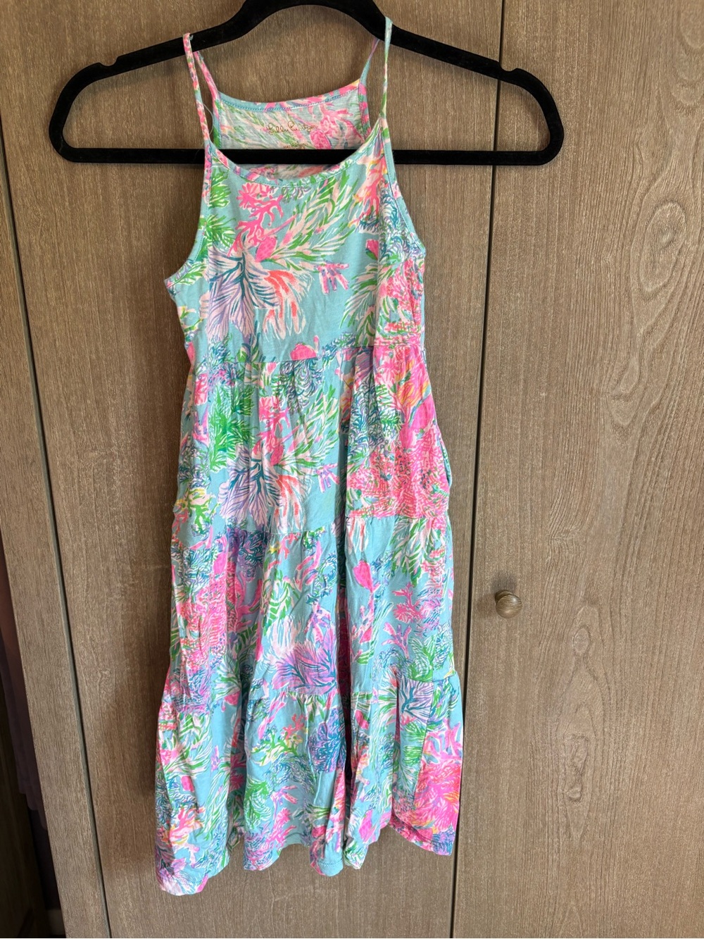 Lilly Pulitzer Girls Aqua Pink Green Floral Tiered Sundress